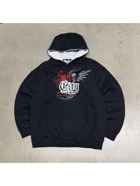 Y2K Sin City Motorsports Hoodie Mens M Biker Grunge Skull Wings Affliction Style